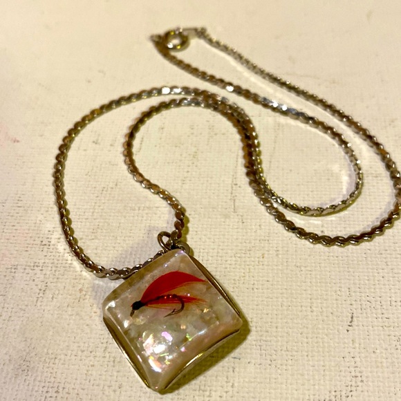Jewelry - Rare signed Japan necklace with fishing lore pendant on silver tone chain